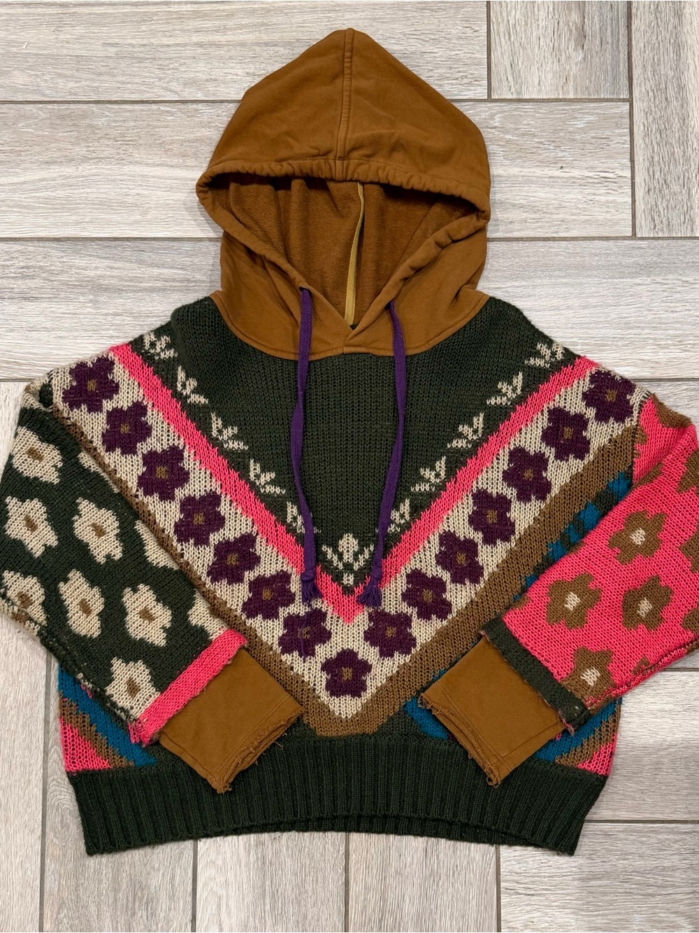 Boho Natural Life Mixed-Pattern Hooded Sweater in Olive, Brown & Pink